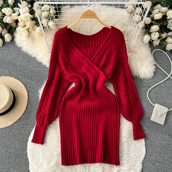 Vintage V-neck Waist-slimming Knitted Dress
