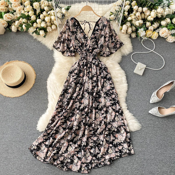 V-yaka Slim Chiffon Çiçekli Elbise