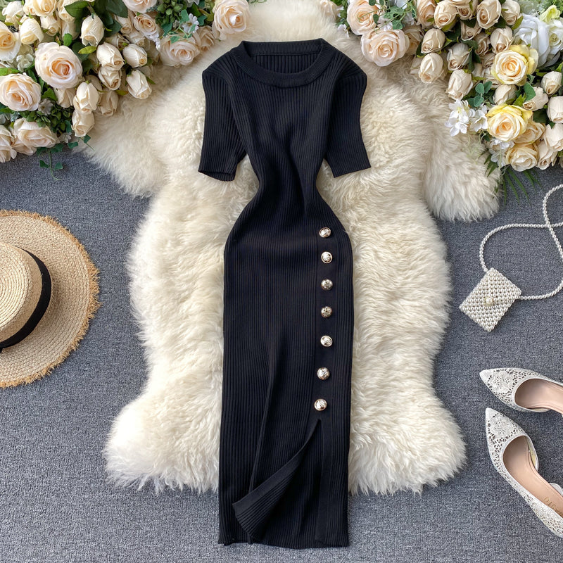 Simple Design Single-breasted Knit Dress