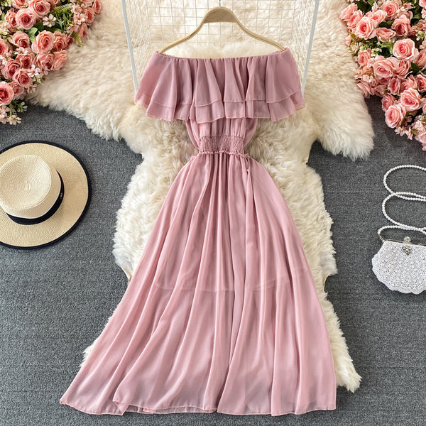 Off-shoulder Ruffle Mesh Chiffon Dress