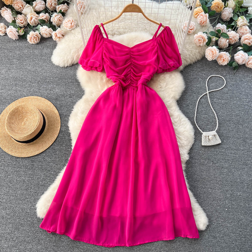 Bubble Sleeve Square Collar Chiffon Dress