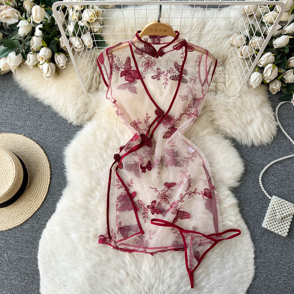 Sheer Mesh Butterfly Crochet Cheongsam Dress