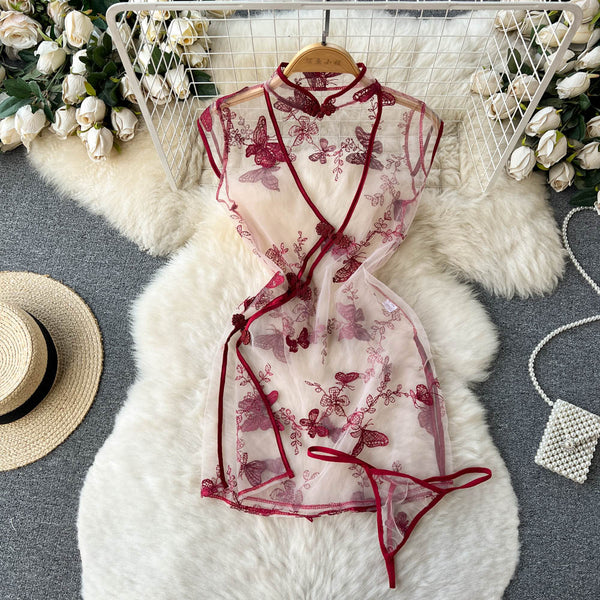 Sheer Mesh Butterfly Crochet Cheongsam Dress