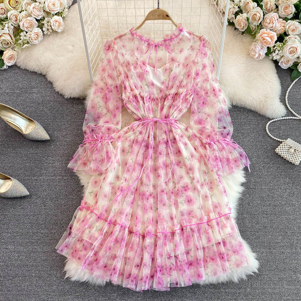 High-end Flared Sleeve Mesh Print Dress