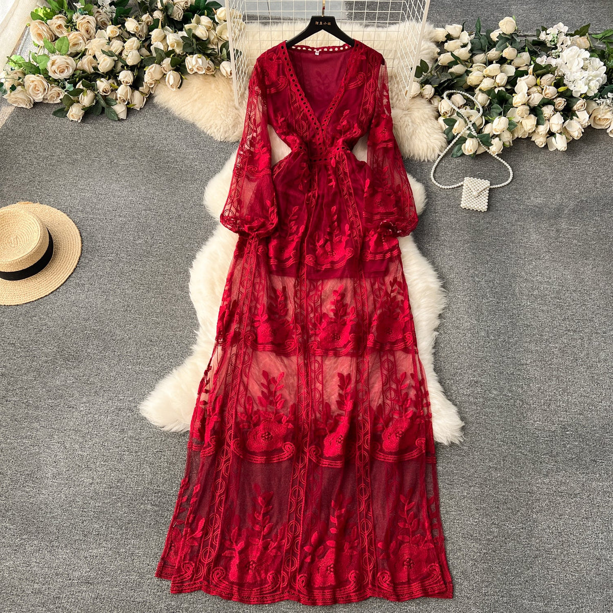 Vintage Embroidered Lace V-neck Dress