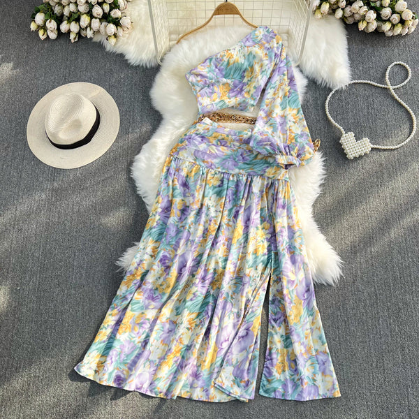 One-shoulder Slant Neckline Floral Dress