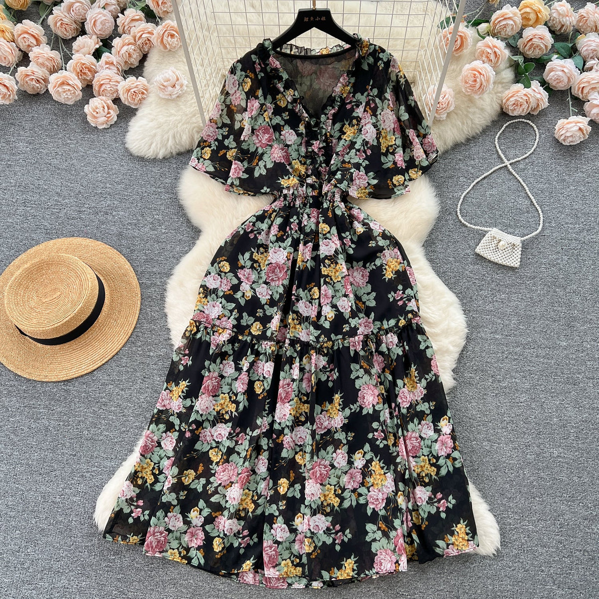 Mori Flared Sleeve Floral Chiffon Dress