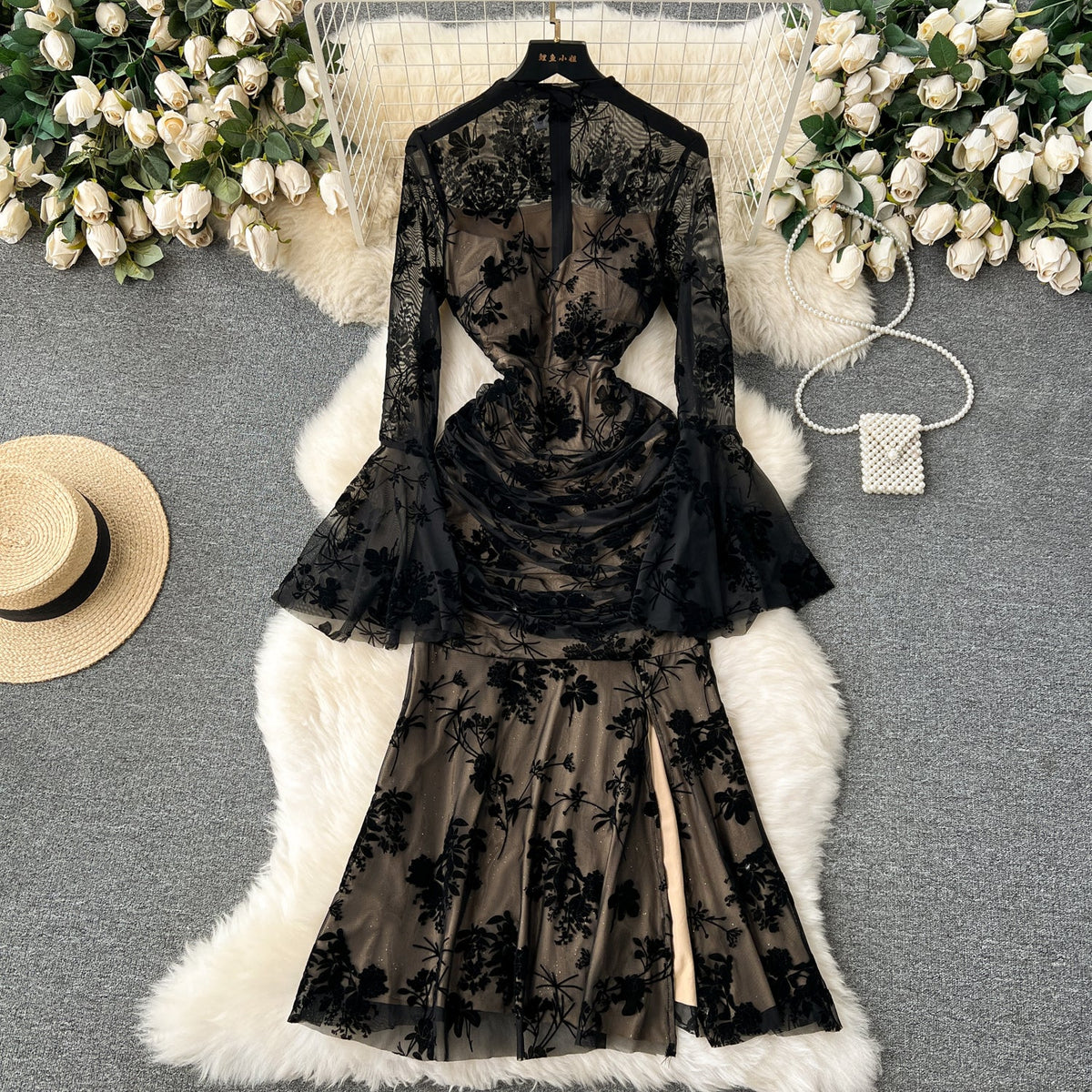 See-through Embroidered Black Mesh Dress