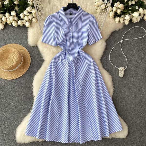 Lapeled Puffy Sleeve Striped Dress