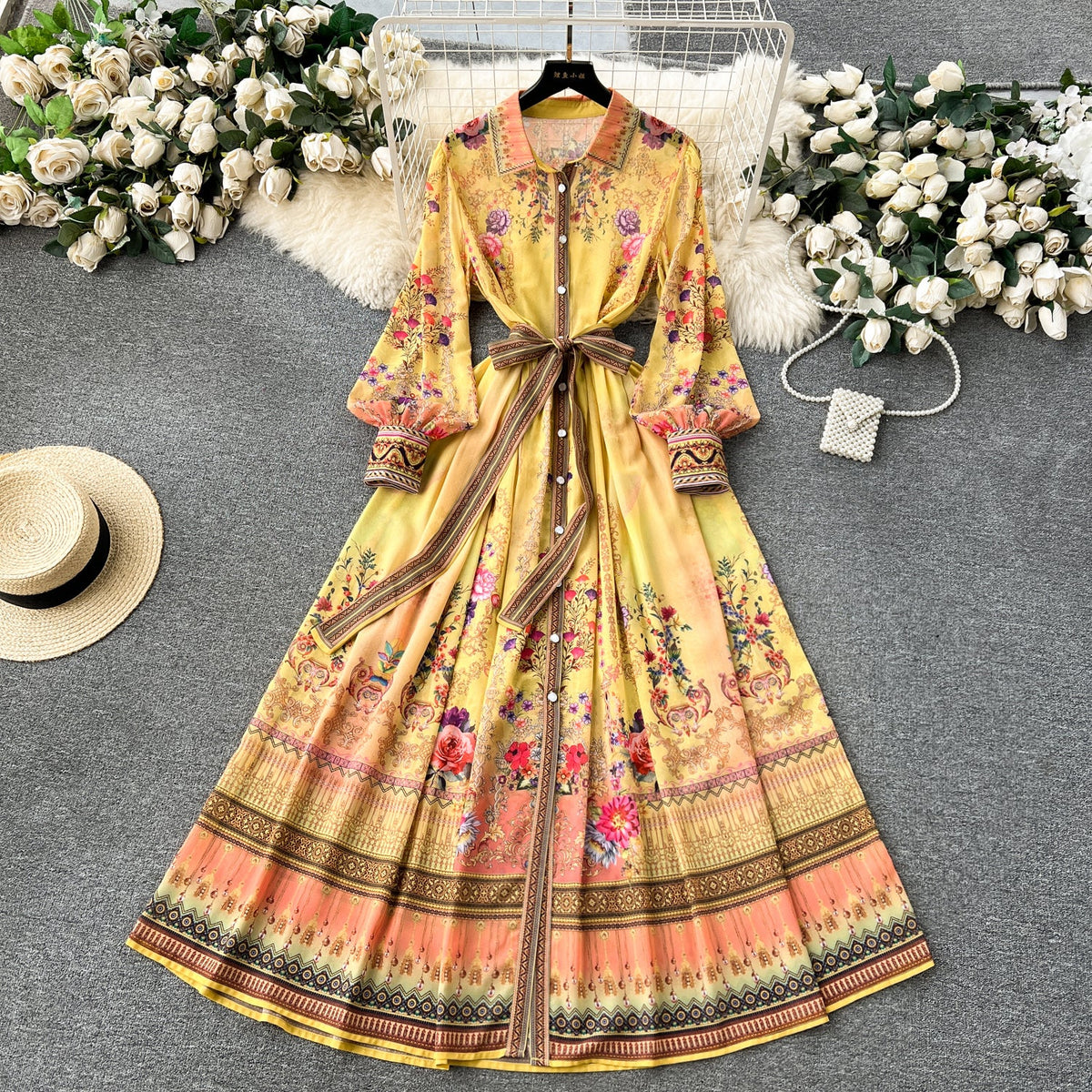 Vintage Lace-up Printed Shirt Dress