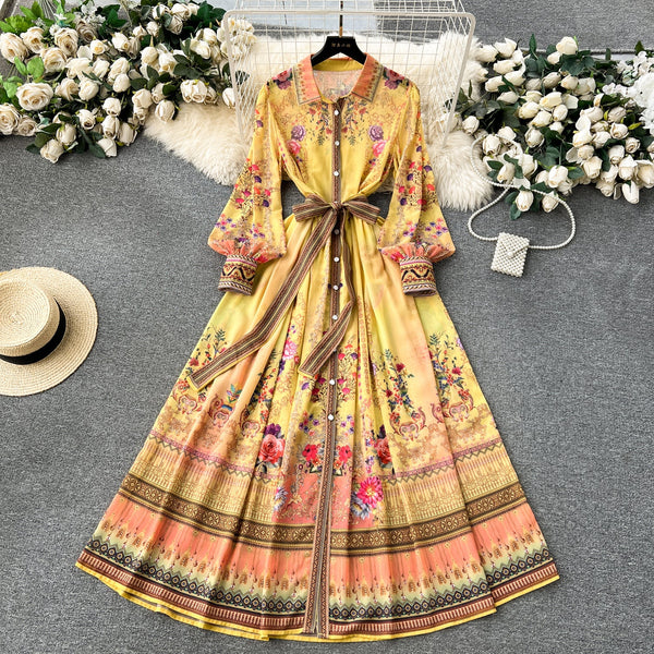 Vintage Lace-up Printed Shirt Dress