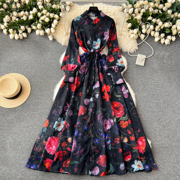 Floral Printed Single-breasted Shirt Dress