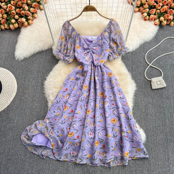 Waist-slimming V-neck Floral Chiffon Dress