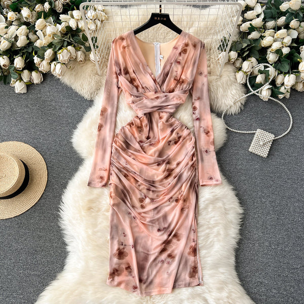 V-neck Pleated Tie-dye Printed Dress