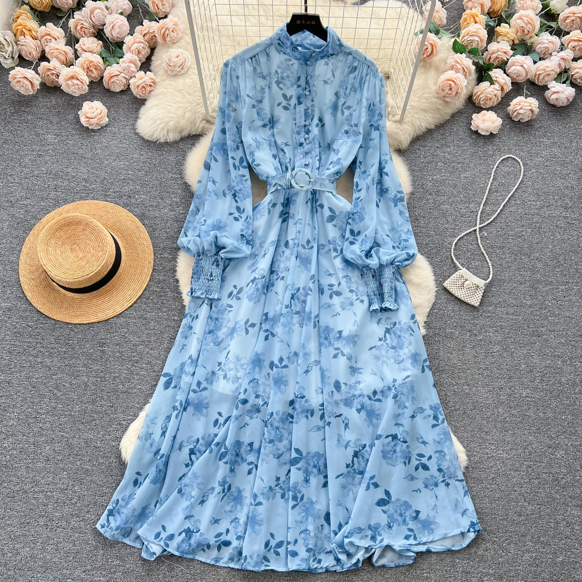 Stand Collar Floral Chiffon Dress