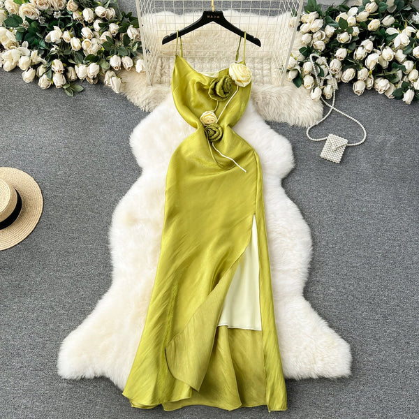 High-end 3d Floral Split Slip Dress