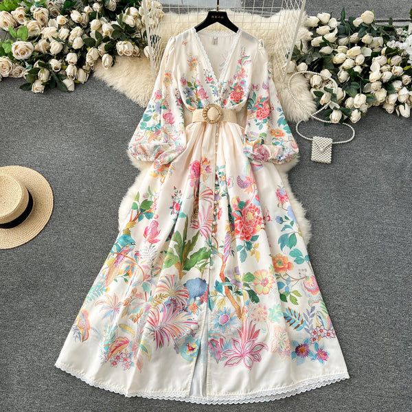 Sweetie V-neck Single-breasted Floral Dress