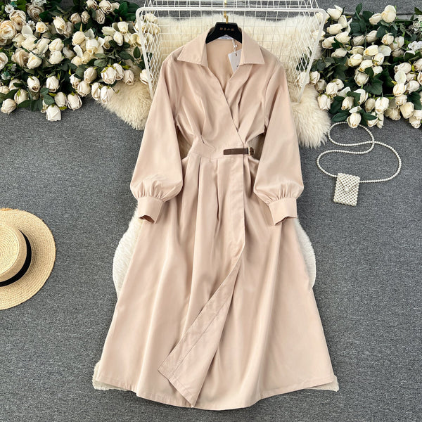 Elegant Solid Color Pleated Trench Dress