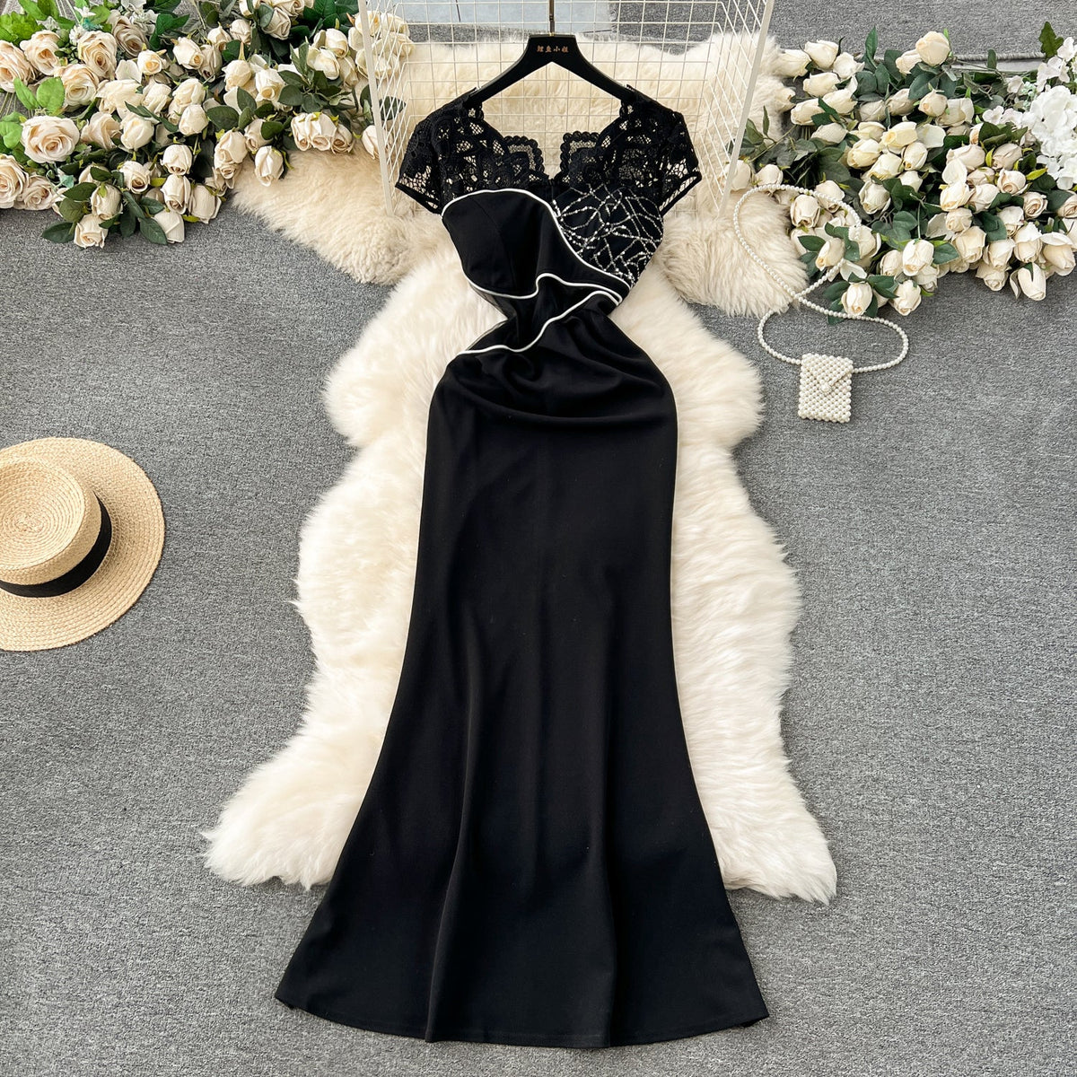 Elegant Sequined Embroidered Lace Black Dress