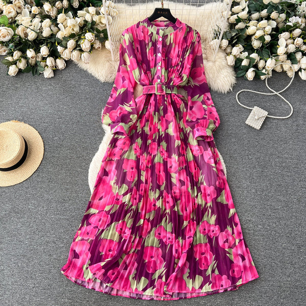 Pleated Floral Printed Shirt Dress