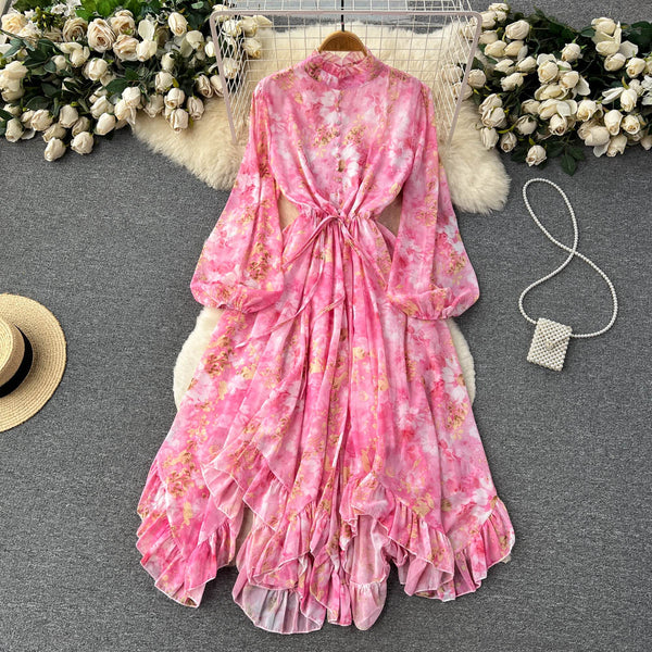 Vintage Drawstring Ruffled Floral Dress