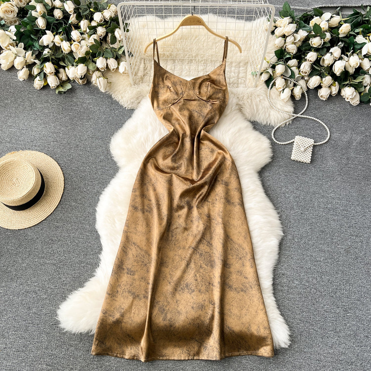 Metallic Style Backless Slip Dress