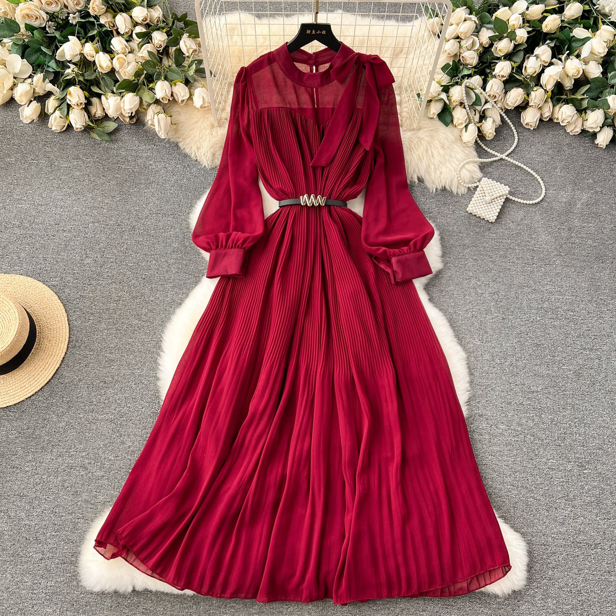 Bow-tie Pleated Chiffon Maxi Dress
