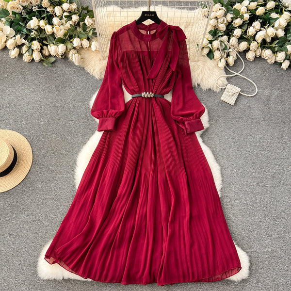 Bow-tie Pleated Chiffon Maxi Dress