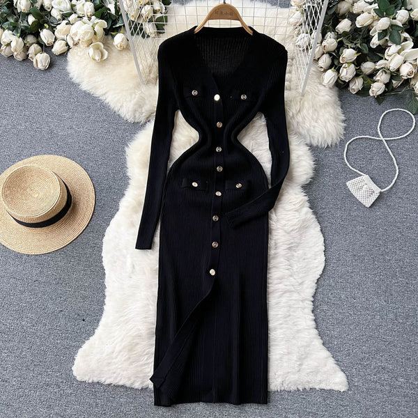 Elegant V-neck Long Sleeve Knitted Dress