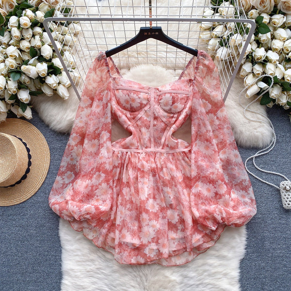 Daisy Printed Puffy Sleeve Floral Dress