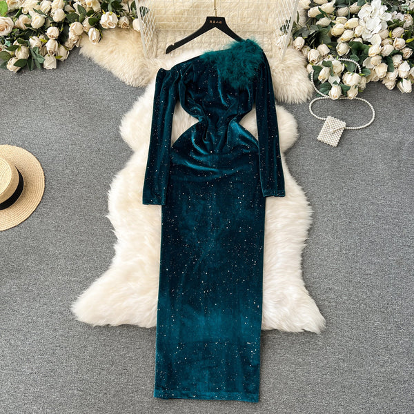 Slant Furry Neckline Suede Dress