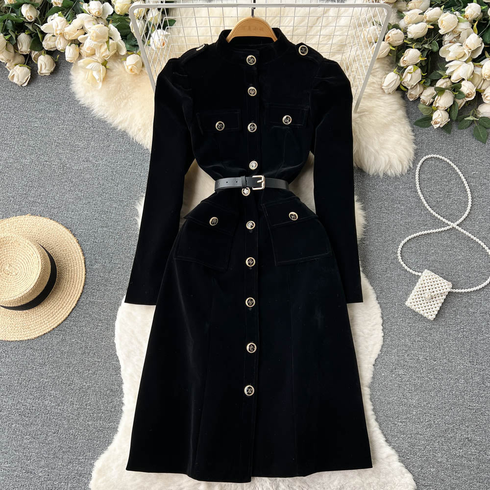 Vintage Single-breasted Black Velvet Dress