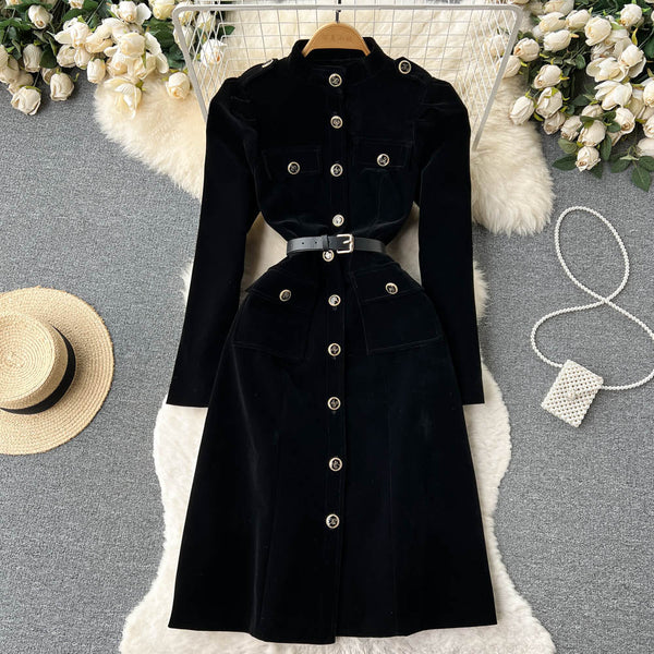 Vintage Single-breasted Black Velvet Dress