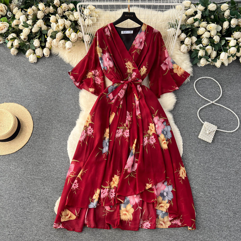 Flared Sleeve V-neck Floral Dress