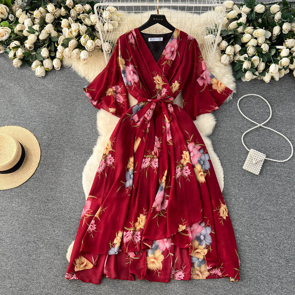 Flared Sleeve V-neck Floral Dress