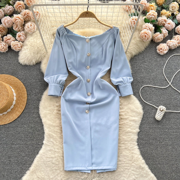 Off-shoulder Single-breasted Blue Dress