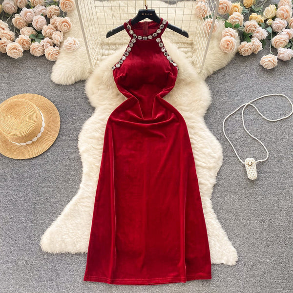 High-end Rhinestone Studded Halter Dress