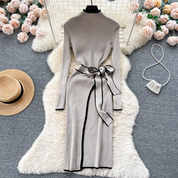 Elegant Lace-up Knitted Slim Dress