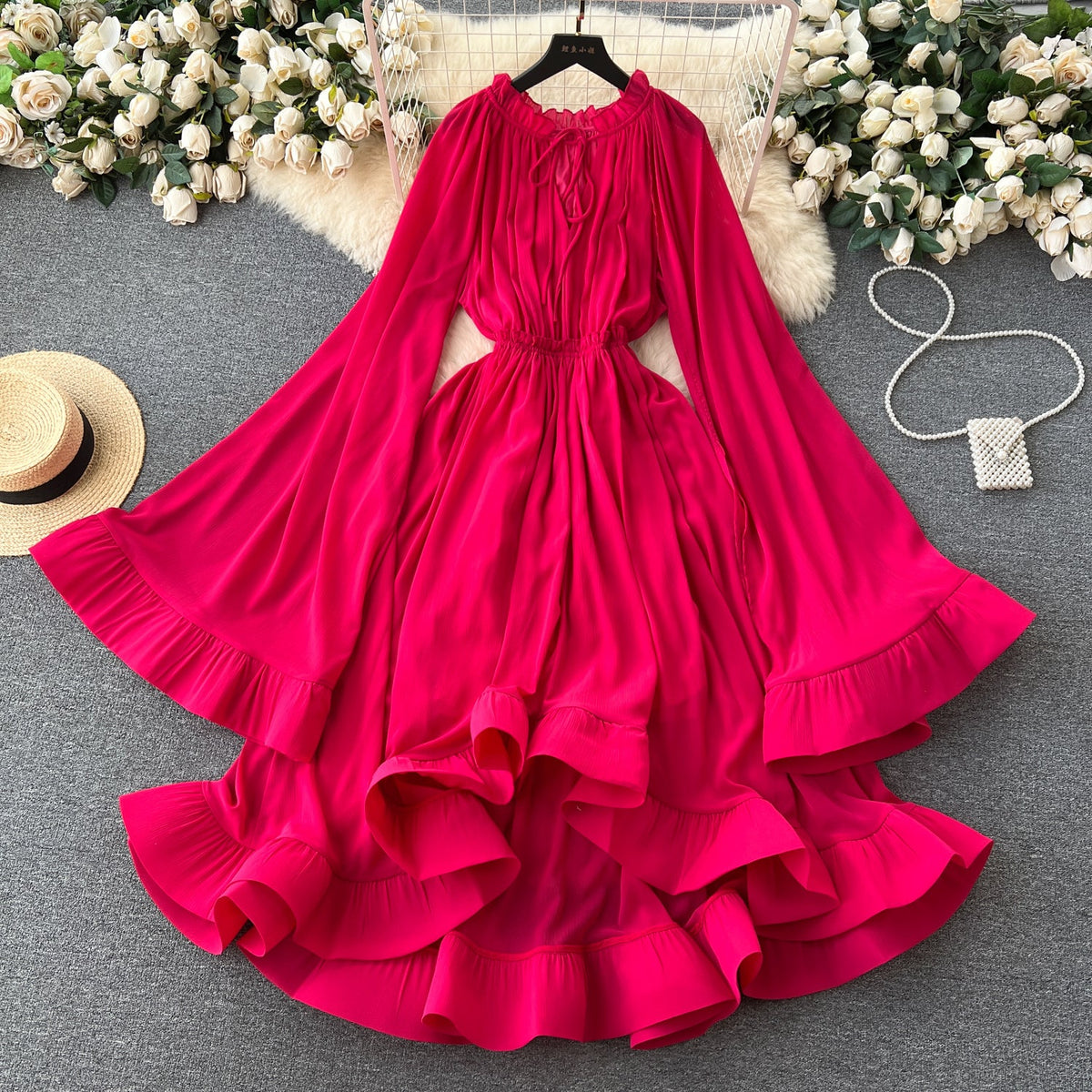 V-neck Lace-up Flared Sleeve Dress
