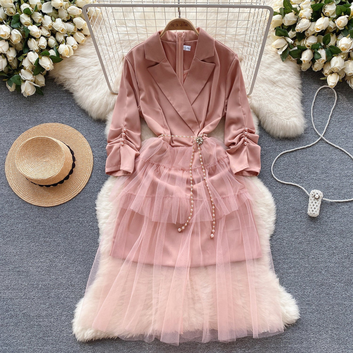 Suit Collar Mesh Patchwork Dress