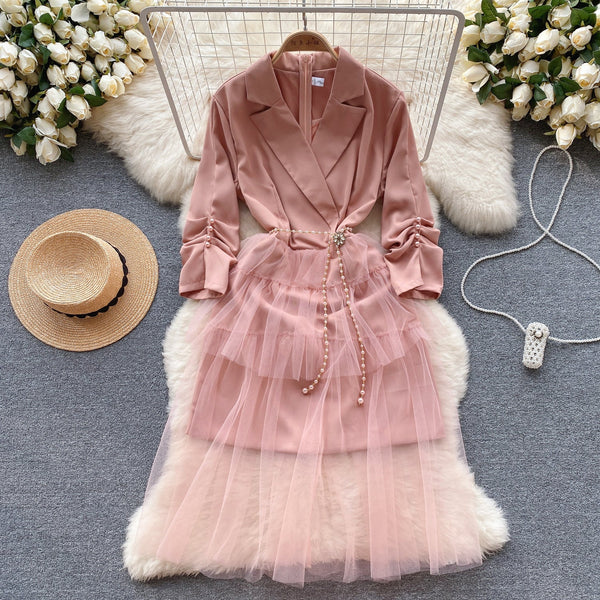 Suit Collar Mesh Patchwork Dress