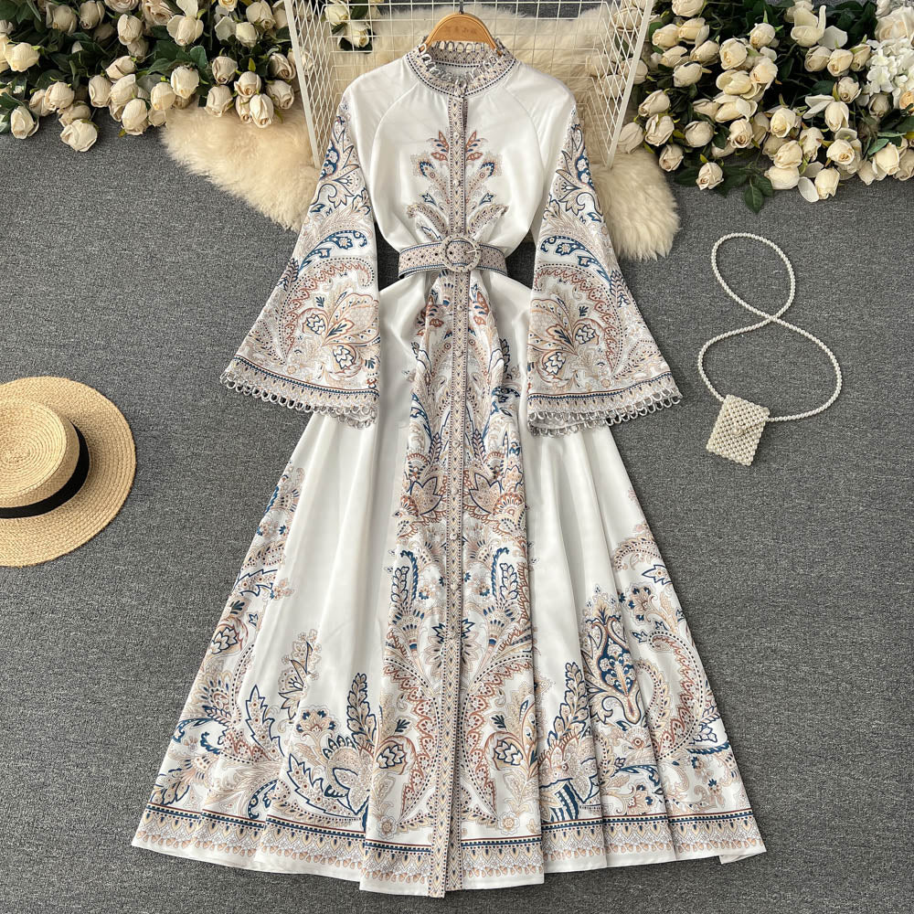 Vintage Printed Round-neck Pleated Dress