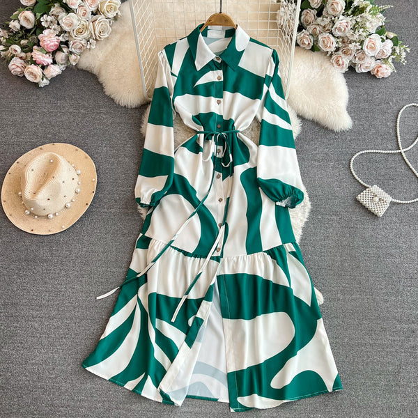 Elegant Tie-dye Printed Shirt Dress