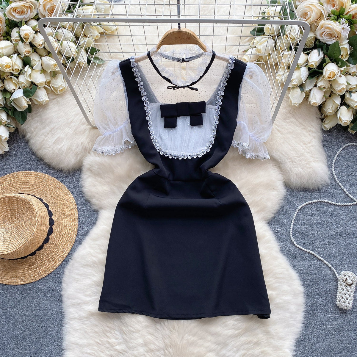 Color Blocking Mesh Patchwork Lace Dress