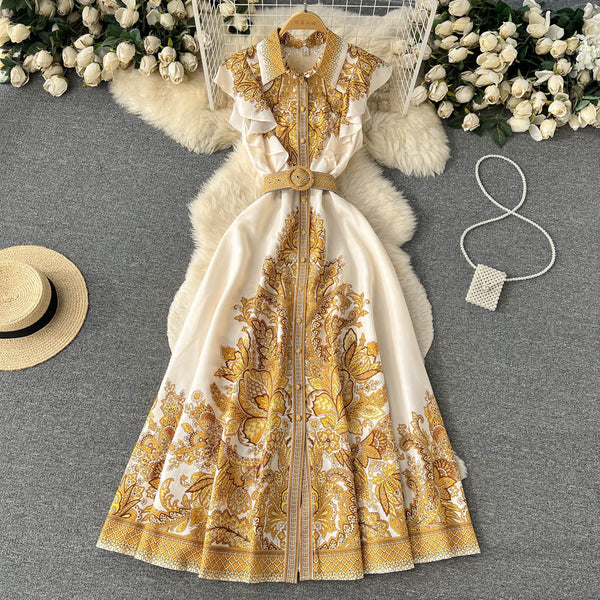 Vintage Ruffled Sleeveless Printed Dress