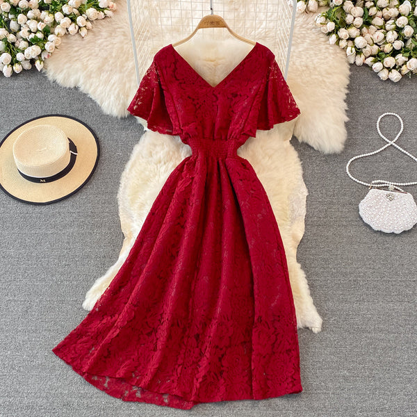 V-neck Floral Embroidered Lace Dress