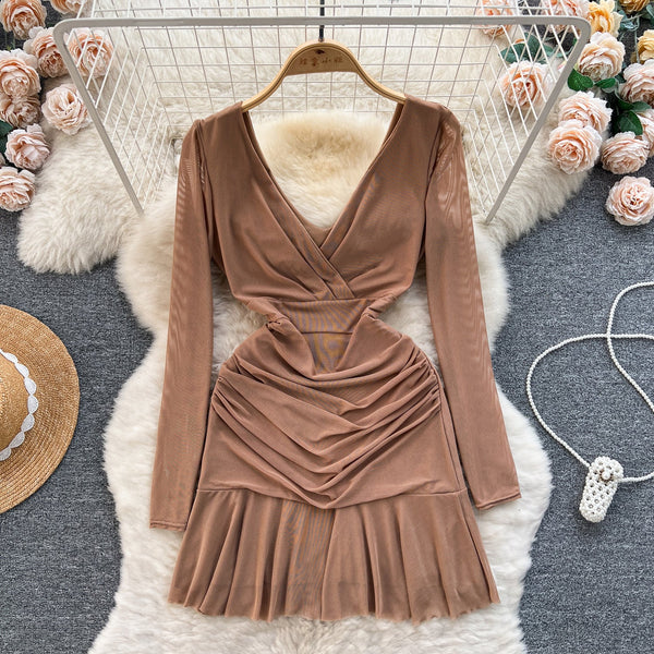 V-neck Pleated Mesh Short Dress