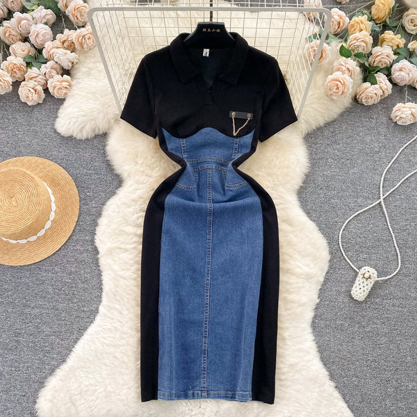 Faux Two-pieces Denim Patchwork Dress