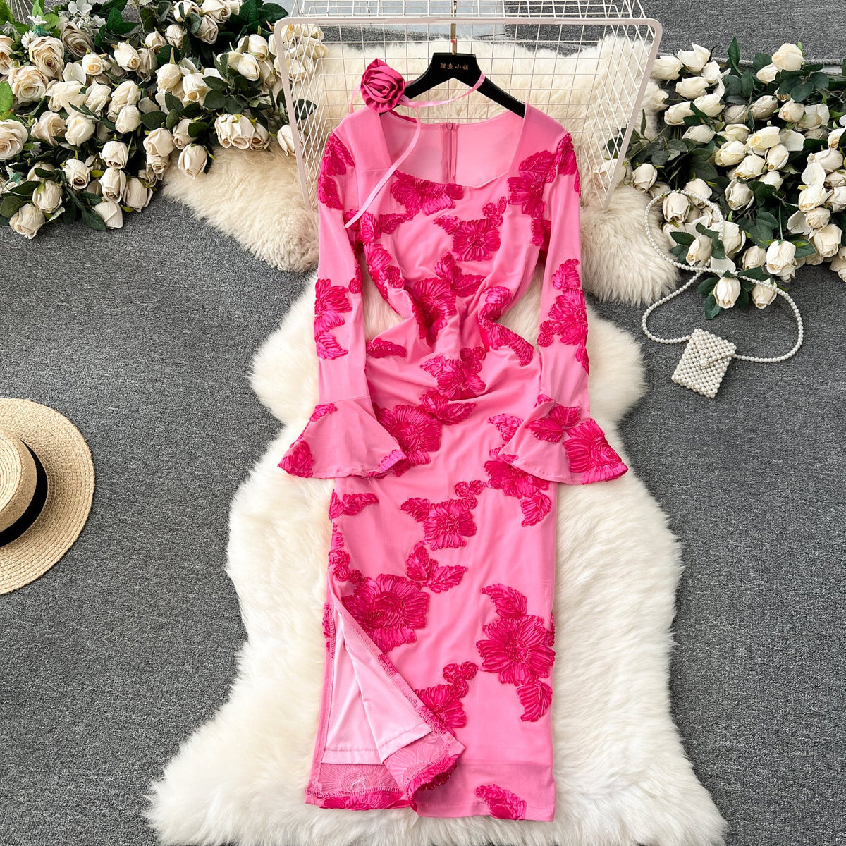 High-end Embroidered Floral Split Dress