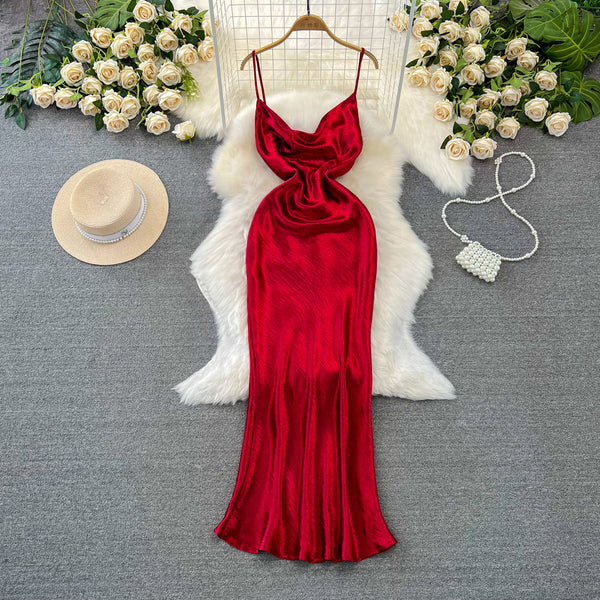Vintage Draped Glossy Red Slip Dress